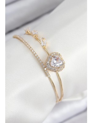 Belle Fusion Mey Ithalat® Pirinç Zirkon Taşlı Kalp Model Gold Renk Kadın Bileklik