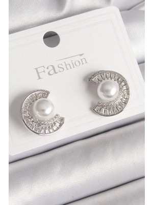 Belle Fusion Mey Ithalat® Pirinç Gümüş Renk Zirkon Taşlı Salyangoz Model Inci Detay Kadın Küpe