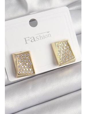 Belle Fusion Mey Ithalat® Pirinç Gold Renk Zirkon Taşlı Plaka Model Kadın Küpe