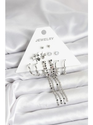 Belle Fusion Mey Ithalat® Pirinç Gümüş Renk 6 Çift Kadın Küpe