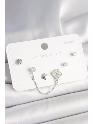 Belle Fusion Mey Ithalat® 925 Ayar Gümüş Çivi Pirinç Gümüş Renk Zirkon Taşlı Yonca Model Sallantı Zincir Detay Kadın Küpe Seti