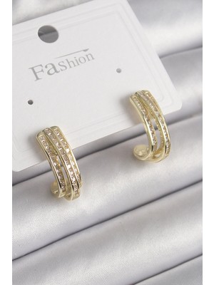 Belle Fusion Mey Ithalat® Pirinç Gold Renk Zirkon Taşlı Yarım Halka Model Kadın Küpe