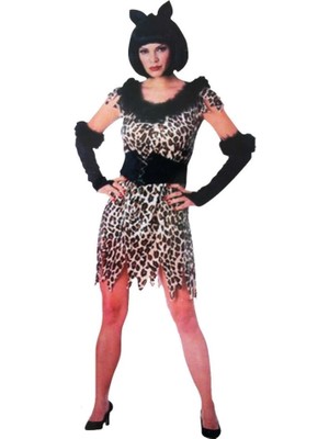 Belle Fusion Mey Ithalat® Yetişkin Bayan Leopar Kostümü  - Kedi Kız Kostümü - Taş Devri Kostümü