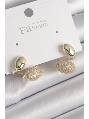 Belle Fusion Mey Ithalat® Pirinç Gold Renk Zirkon Taşlı Bombeli Model Kadın Küpe