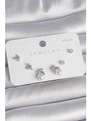 Belle Fusion Mey Ithalat® Pirinç Gümüş Renk Zirkon Taşlı Kelebek Model Inci Detay 925 Ayar Gümüş Çivi Kadın Küpe Seti