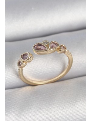 Belle Fusion Mey Ithalat® Pirinç Gold Renk Pembe Damla Zirkon Taşlı Ayarlanabilir Kadın Yüzük