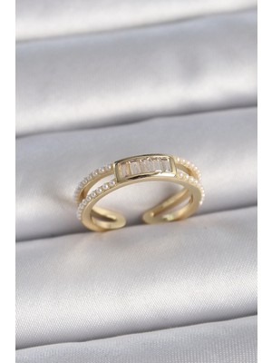 Belle Fusion Mey Ithalat® Pirinç Gold Renk Ayarlanabilir Sıralı Incili Zirkon Taş Detaylı Kadın Yüzük