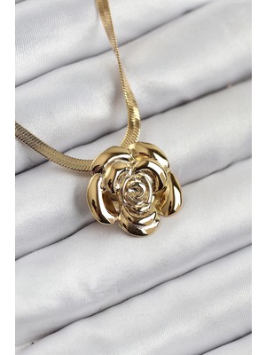 Belle Fusion Mey Ithalat® 316L Çelik Gül Figürlü Italyan Zincir Model Gold Renk Kadın Kolye