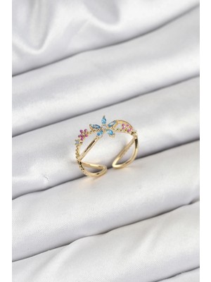 Belle Fusion Mey Ithalat® Pirinç Gold Renk Zirkon Taşlı Mavi Çiçekli Kadın Yüzük