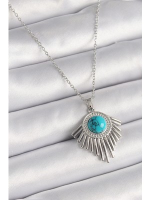 Belle Fusion Mey Ithalat® 316L Çelik Gümüş Renk Zincir Mavi Boncuklu Zirkon Taşlı Kadın Kolye