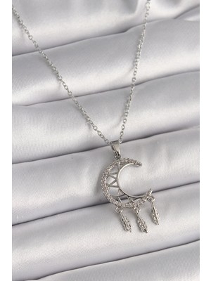 Belle Fusion Mey Ithalat® 316L Çelik Gümüş Renk Zincir Zirkon Taşlı Hilal Model Sallantı Yaprak Detay Kadın Kolye