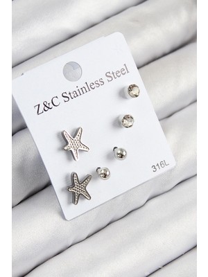 Belle Fusion Mey Ithalat® 316L Çelik Zirkon Taşlı Deniz Yıldızı Model Gümüş Renk Kadın Set Küpe