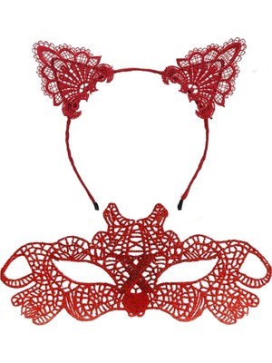 Belle Fusion Mey Ithalat® Ateş Kırmızısı Dantel Taç ve Maske Seti 10 No - Maskeli Balo &amp; Özel Gün Seti