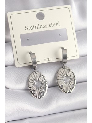 Belle Fusion Mey Ithalat® 316L Çelik Gümüş Renk Kutup Yıldızı Işleme Kadın Küpe