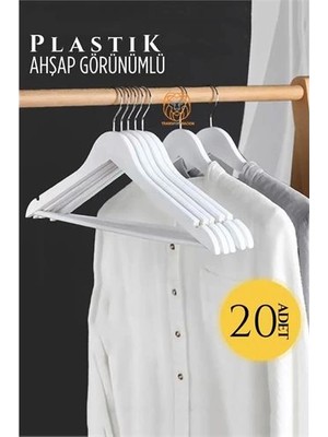 Belle Fusion Mey Ithalat® Ahşap Görünüm Plastik Askı 20 Adet Beyaz