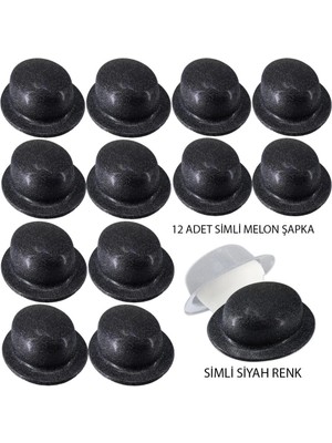 Belle Fusion Mey Ithalat® Siyah Renk Simli Melon Yuvarlak Parti Şapkası 12 Adet