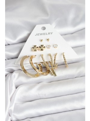 Belle Fusion Mey Ithalat® Pirinç Gold Renk 6 Çift Kadın Küpe Seti
