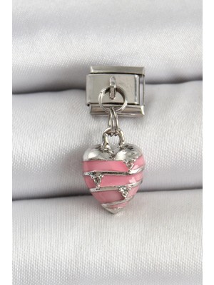 Belle Fusion Mey Ithalat® 316L Çelik Gümüş Renk Pembe Kalp Model Nomination Charm