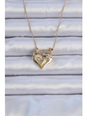 Belle Fusion Mey Ithalat® 316L Çelik Zincir Altın Renk Zirkon Taşlı Mıknatıslı Kalp Kolye