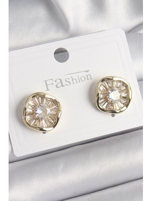 Belle Fusion Mey Ithalat® Pirinç Gold Renk Zirkon Taşlı Yonca Model Kadın Küpe