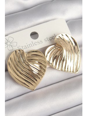 Belle Fusion Mey Ithalat® Pirinç Gold Renk Işlemeli Plaka Kalp Model Kadın Küpe