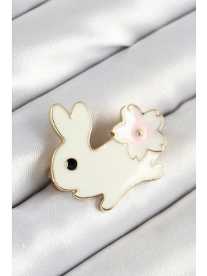 Belle Fusion Mey Ithalat® Mineli Çiçek Detaylı Krem Tavşan Figürlü Gold Renk Kadın Broş