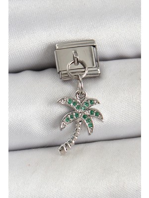 Belle Fusion Mey Ithalat® 316L Çelik Sallantılı Zirkon Taşlı Palmiye Ağacı Model Gümüş Renk Nomination Charm