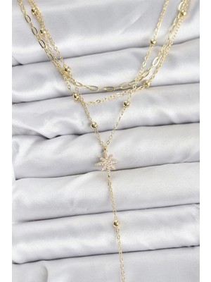 Belle Fusion Mey Ithalat® Pirinç Gold Renk Kutup Yıldızı Detaylı 3'lü Kombin Kadın Kolye