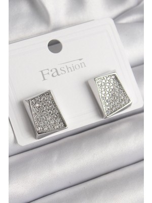 Belle Fusion Mey Ithalat® Pirinç Gümüş Renk Zirkon Taşlı Plaka Model Kadın Küpe