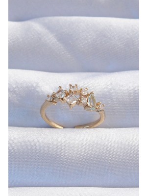 Belle Fusion Mey Ithalat® Pirinç Gold Renk Zirkon Taşlı Damla Detay Ayarlanabilir Yüzük