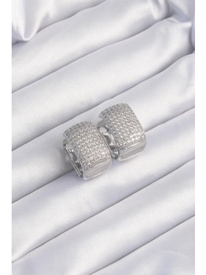 Belle Fusion Mey Ithalat® Pirinç Gümüş Renk Zirkon Taşlı Minimal Halka Küpe