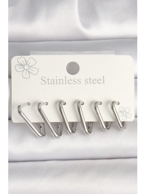 Belle Fusion Mey Ithalat® 316L Çelik Gümüş Renk Üçgen Model Kadın Küpe Seti