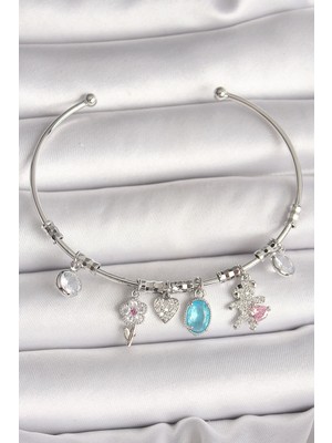 Belle Fusion Mey Ithalat® Pirinç Gümüş Renk Sallantı Zirkon Taşlı Ayıcık Figür Çiçek Detay Charm Kadın Bileklik