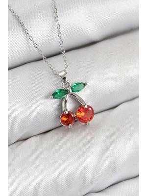 Belle Fusion Mey Ithalat® Pirinç Zirkon Taşlı Kiraz Model Gümüş Renk Kadın Kolye