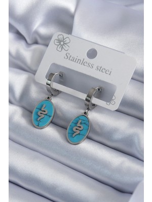 Belle Fusion Mey Ithalat® 316L Çelik Gümüş Renk Oval Mavi Taşlı Yılan Figür Kadın Küpe