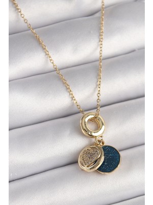 Belle Fusion Mey Ithalat® 316L Çelik Gold Renk Zincir Zirkon Taşlı Kalp Model Mavi Simli Kadın Kolye