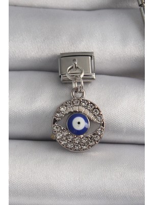 Belle Fusion Mey Ithalat® 316L Çelik Gümüş Renk Sallantı Zirkon Taşlı Göz Model Nazar Boncuk Detay Nomination Charm