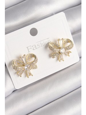 Belle Fusion Mey Ithalat® Pirinç Gold Renk Zirkon Taşlı Fiyonk Model Kadın Küpe