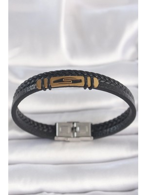 Belle Fusion Mey Ithalat® 316L Çelik Gold Renk Aksesuarlı Çift Sıra Siyah Burgu Desenli Deri Kordon Erkek Bileklik