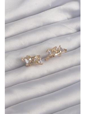 Belle Fusion Mey Ithalat® Pirinç Gold Renk Iri Zirkon Taşlı Kıvrımlı Minimal Kelebekli Halka Küpe