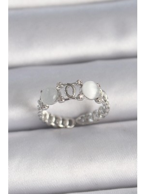 Belle Fusion Mey Ithalat® Pirinç Gümüş Renk Ayarlanabilir Zirkon Taşlı Beyaz Mineli Birleşik Halka Model Kadın Yüzük