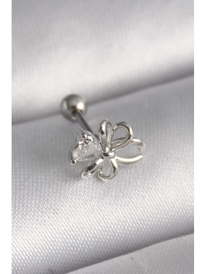 Belle Fusion Mey Ithalat® 316L Çelik Gümüş Renk Zirkon Taş Detay Kurdele Model Tragus Piercing