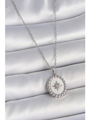 Belle Fusion Mey Ithalat® 316L Çelik Gümüş Renk Zincir Beyaz Mineli Kutup Yıldız Işlemeli Madalyon Model Kadın Kolye