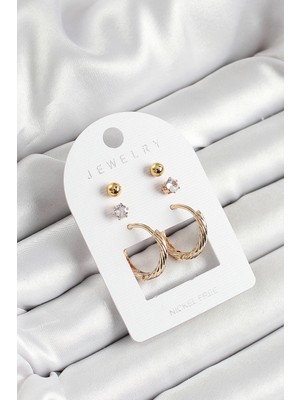 Belle Fusion Mey Ithalat® Pirinç Zirkon Taş ve Halka Figürlü Gold Renk 3'lü Çift Kadın Küpe Set