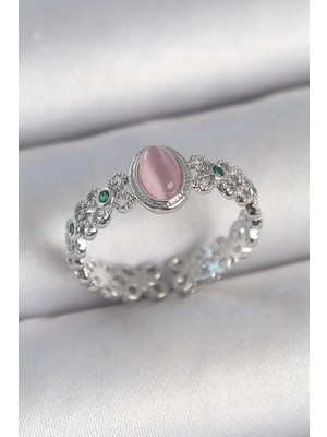 Belle Fusion Mey Ithalat® Pirinç Gümüş Renk Zirkon Taş Detaylı Pembe Mineli Damla Model Ayarlanabilir Kadın Yüzük