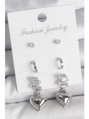 Belle Fusion Mey Ithalat® Pirinç Gümüş Renk Zirkon Taşlı Sallantılı Kalp Model Yarım Halka Detay 3 Çfit Kadın Küpe Seti