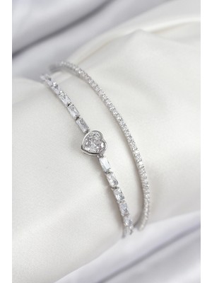 Belle Fusion Mey Ithalat® Pirinç Zirkon Taşlı Kalp Model Gümüş Renk Kadın Bileklik