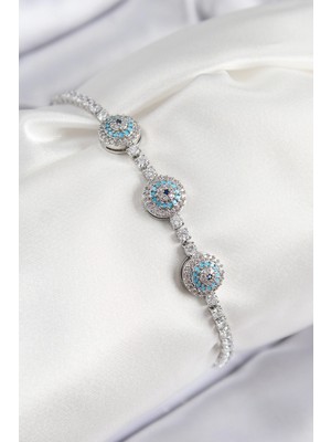 Belle Fusion Mey Ithalat® Pirinç Zirkon Taşlı Nazar Model Gümüş Renk Kadın Bileklik