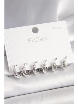 Belle Fusion Mey Ithalat® 925 Ayar Gümüş Çivi Pirinç Gümüş Renk Işlemeli Halka Model Kadın Küpe Seti