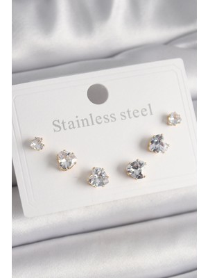 Belle Fusion Mey Ithalat® 316L Çelik Gold Renk Zirkon Taşlı Kalp Model Kadın Küpe Seti